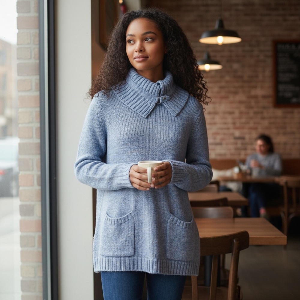 *BLUE**Soft Surroundings Wool-Blend Tunic Sweater — Shawl Neck, Pockets, Small